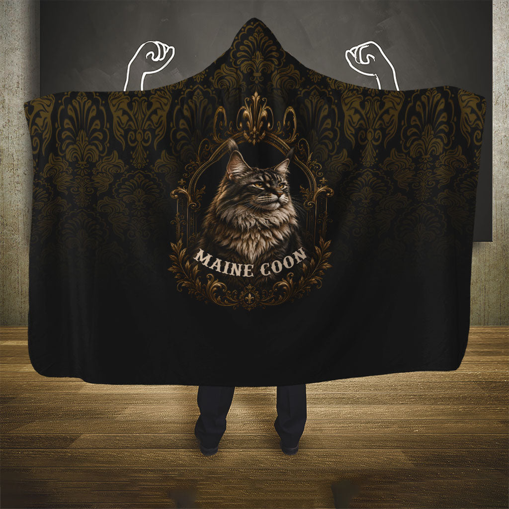 Maine Coon Cat Gentle Giant Hooded Blanket Royal Feline Vintage Gold Damask Portrait