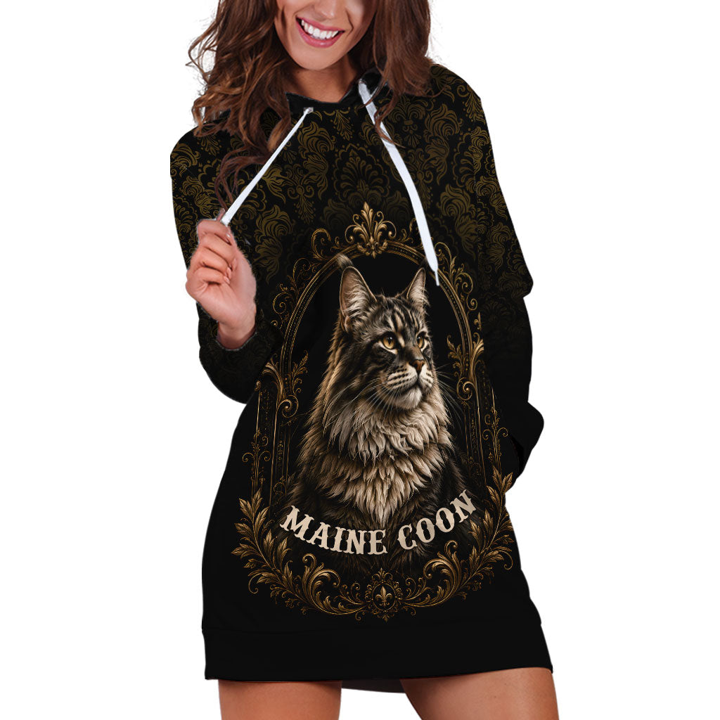 Maine Coon Cat Gentle Giant Hoodie Dress Royal Feline Vintage Gold Damask Portrait
