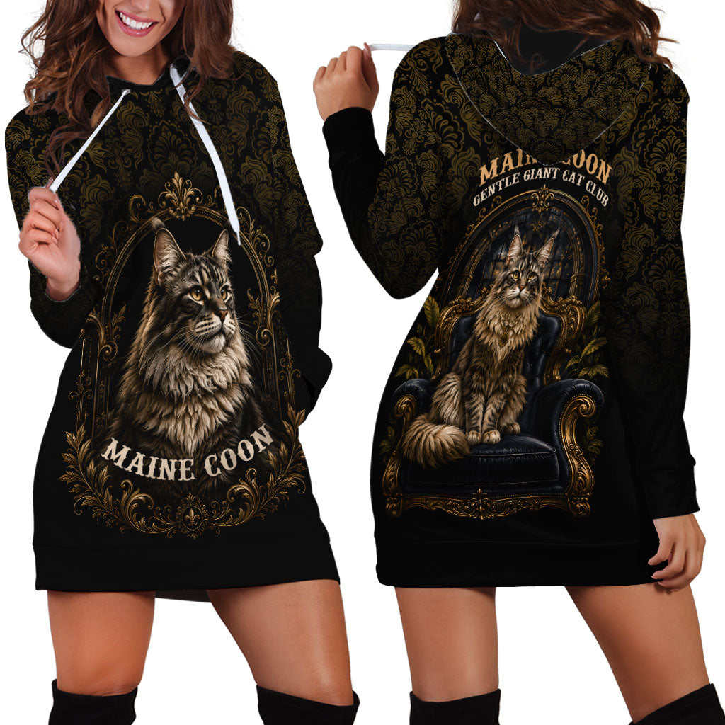 Maine Coon Cat Gentle Giant Hoodie Dress Royal Feline Vintage Gold Damask Portrait
