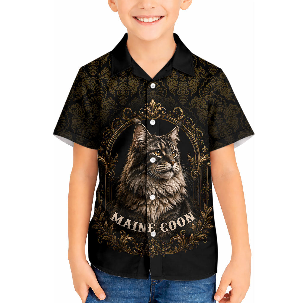 Maine Coon Cat Gentle Giant Kid Hawaiian Shirt Royal Feline Vintage Gold Damask Portrait