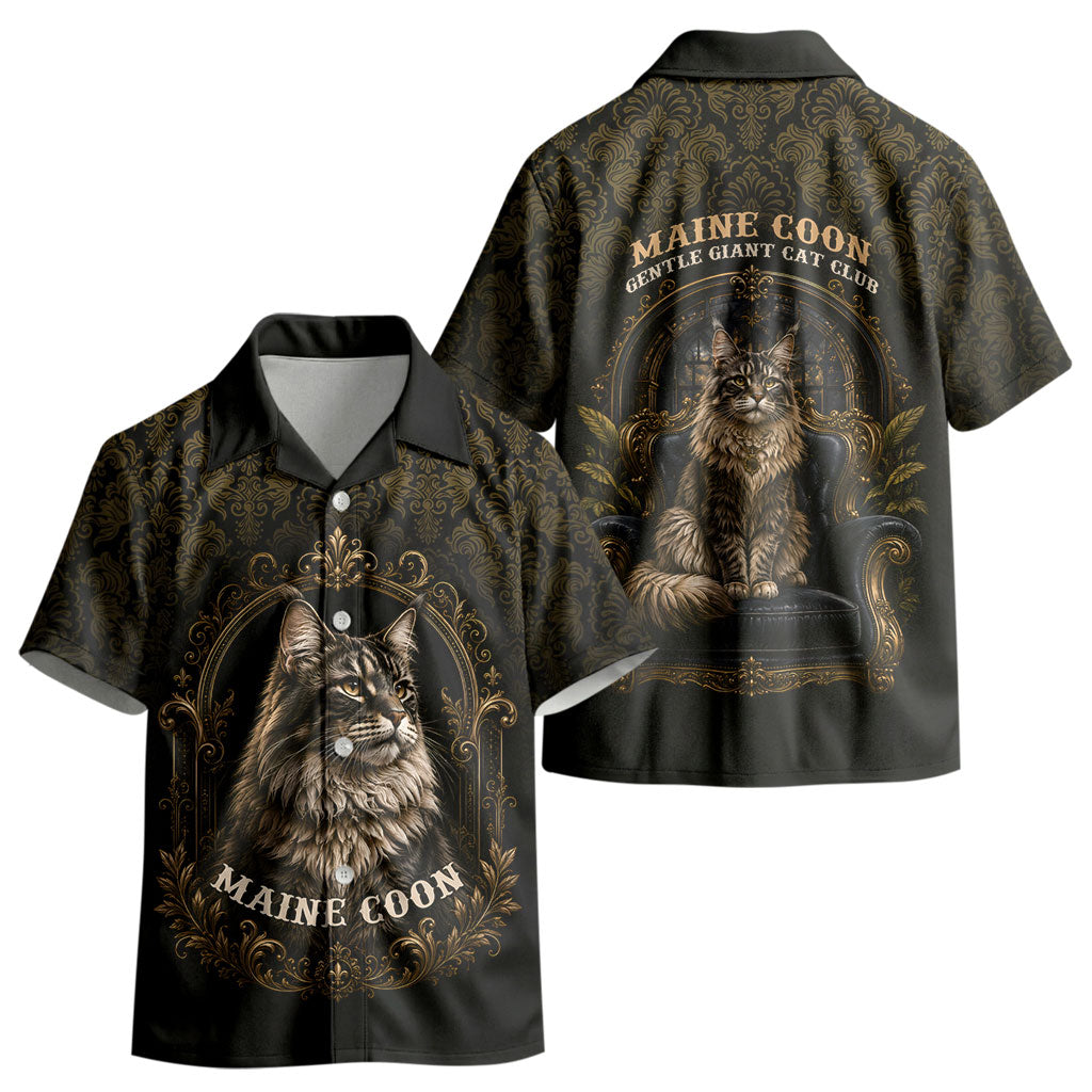 Maine Coon Cat Gentle Giant Kid Hawaiian Shirt Royal Feline Vintage Gold Damask Portrait