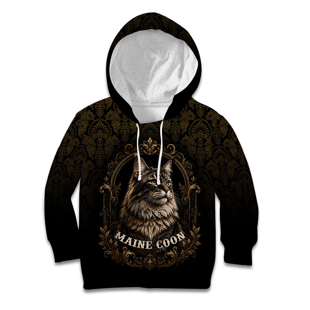 Maine Coon Cat Gentle Giant Kid Hoodie Royal Feline Vintage Gold Damask Portrait