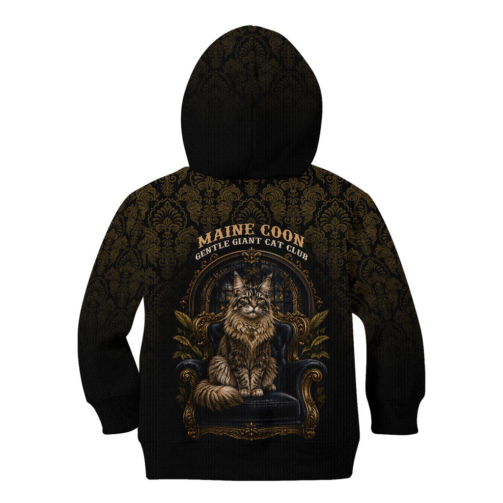 Maine Coon Cat Gentle Giant Kid Hoodie Royal Feline Vintage Gold Damask Portrait
