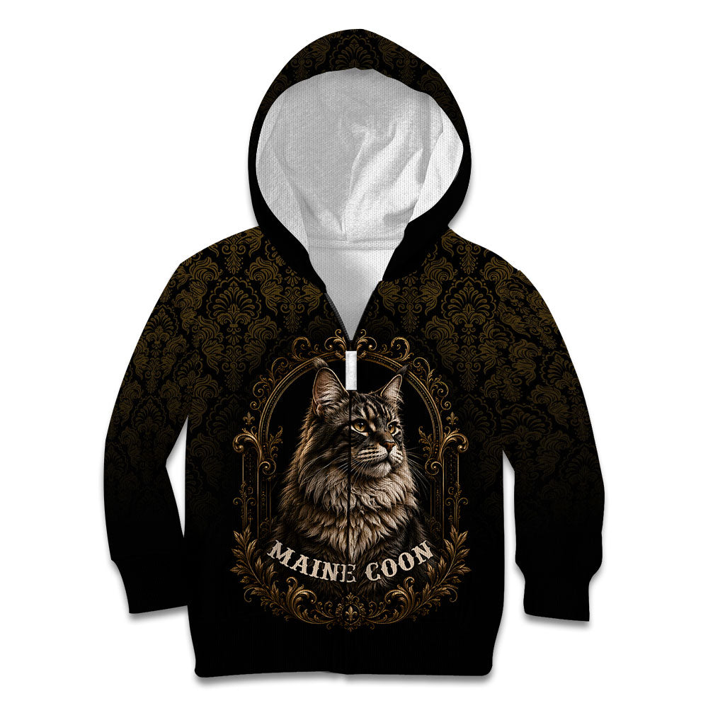 Maine Coon Cat Gentle Giant Kid Hoodie Royal Feline Vintage Gold Damask Portrait
