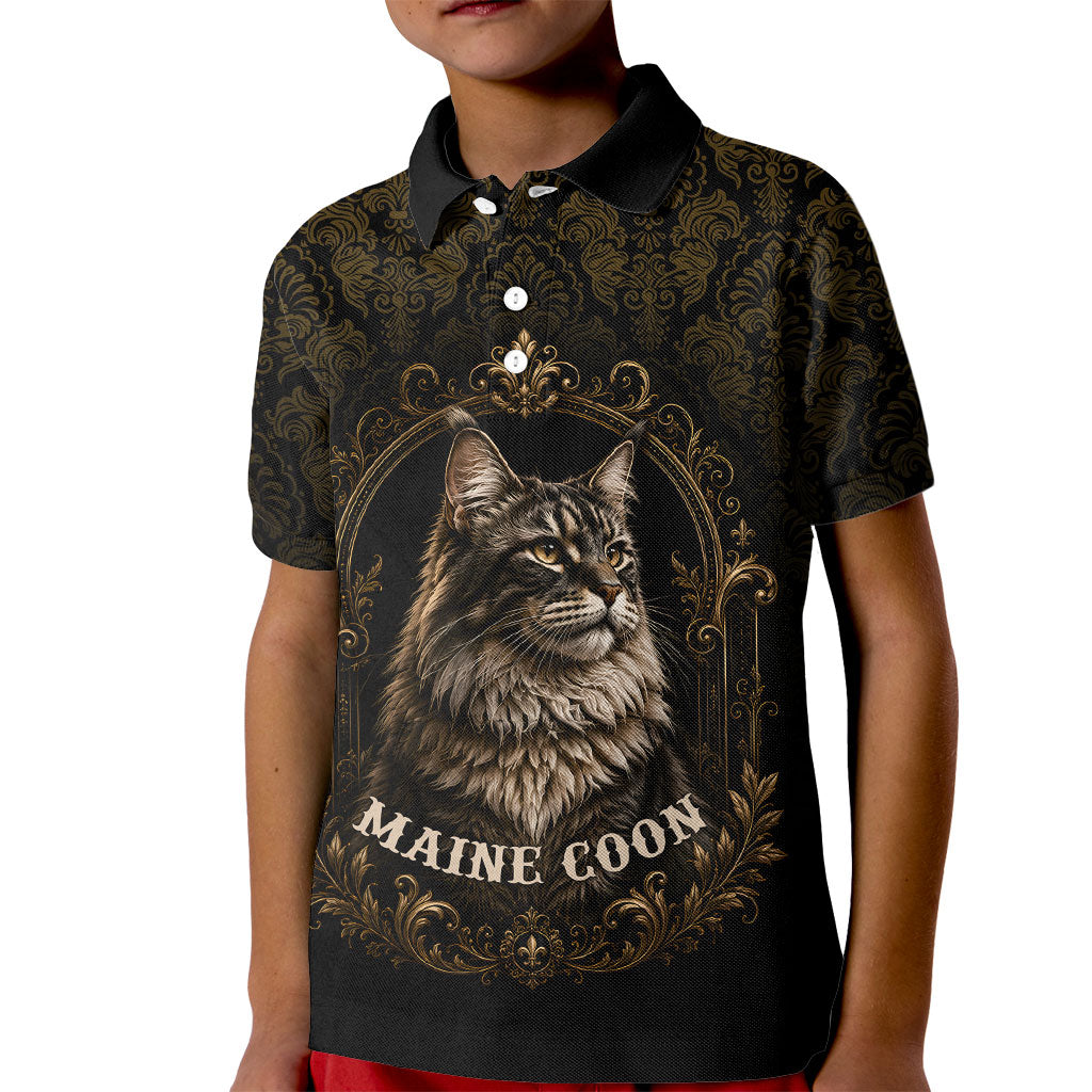 Maine Coon Cat Gentle Giant Kid Polo Shirt Royal Feline Vintage Gold Damask Portrait