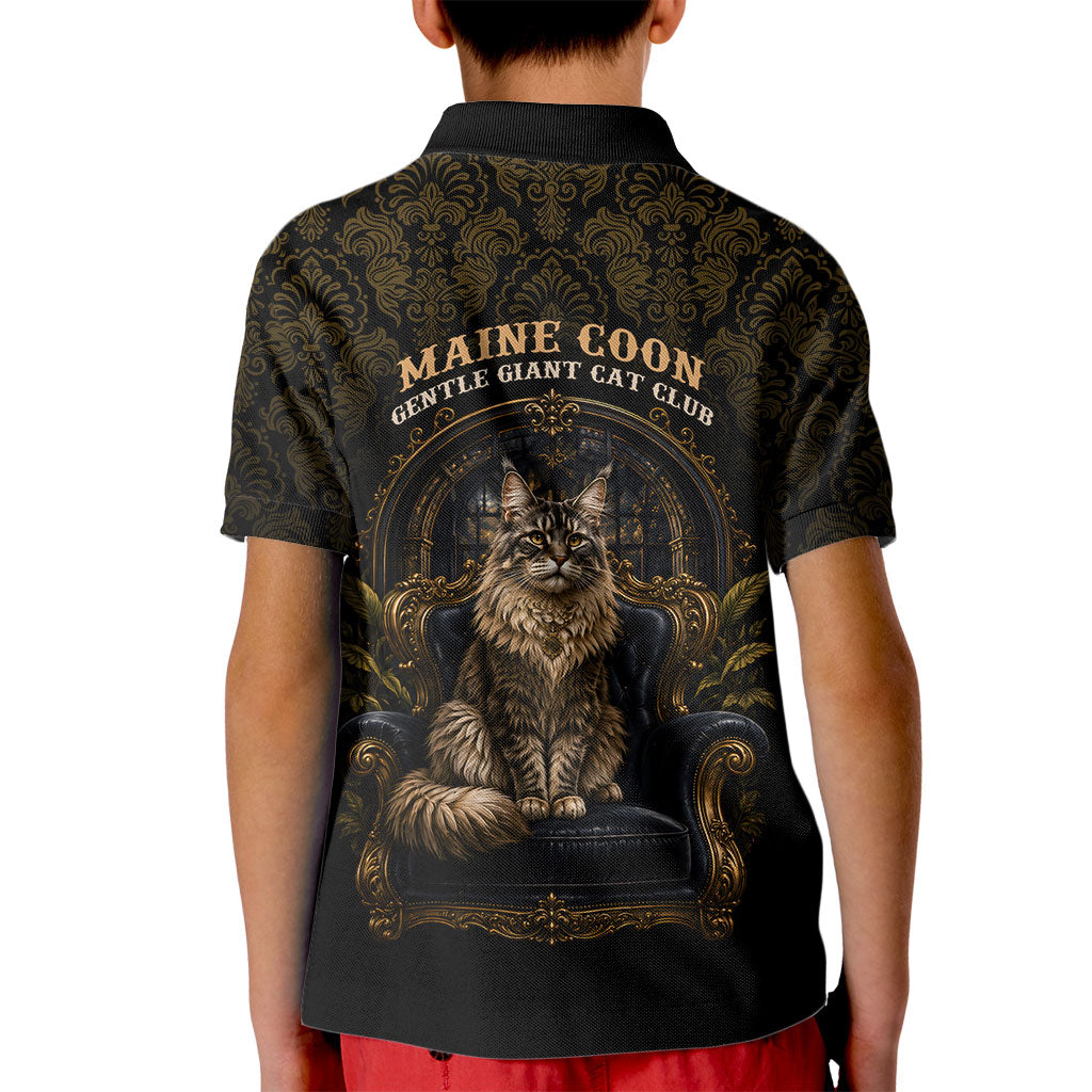 Maine Coon Cat Gentle Giant Kid Polo Shirt Royal Feline Vintage Gold Damask Portrait