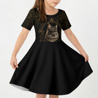Maine Coon Cat Gentle Giant Kid Short Sleeve Dress Royal Feline Vintage Gold Damask Portrait