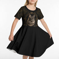 Maine Coon Cat Gentle Giant Kid Short Sleeve Dress Royal Feline Vintage Gold Damask Portrait