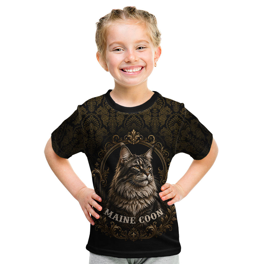 Maine Coon Cat Gentle Giant Kid T Shirt Royal Feline Vintage Gold Damask Portrait