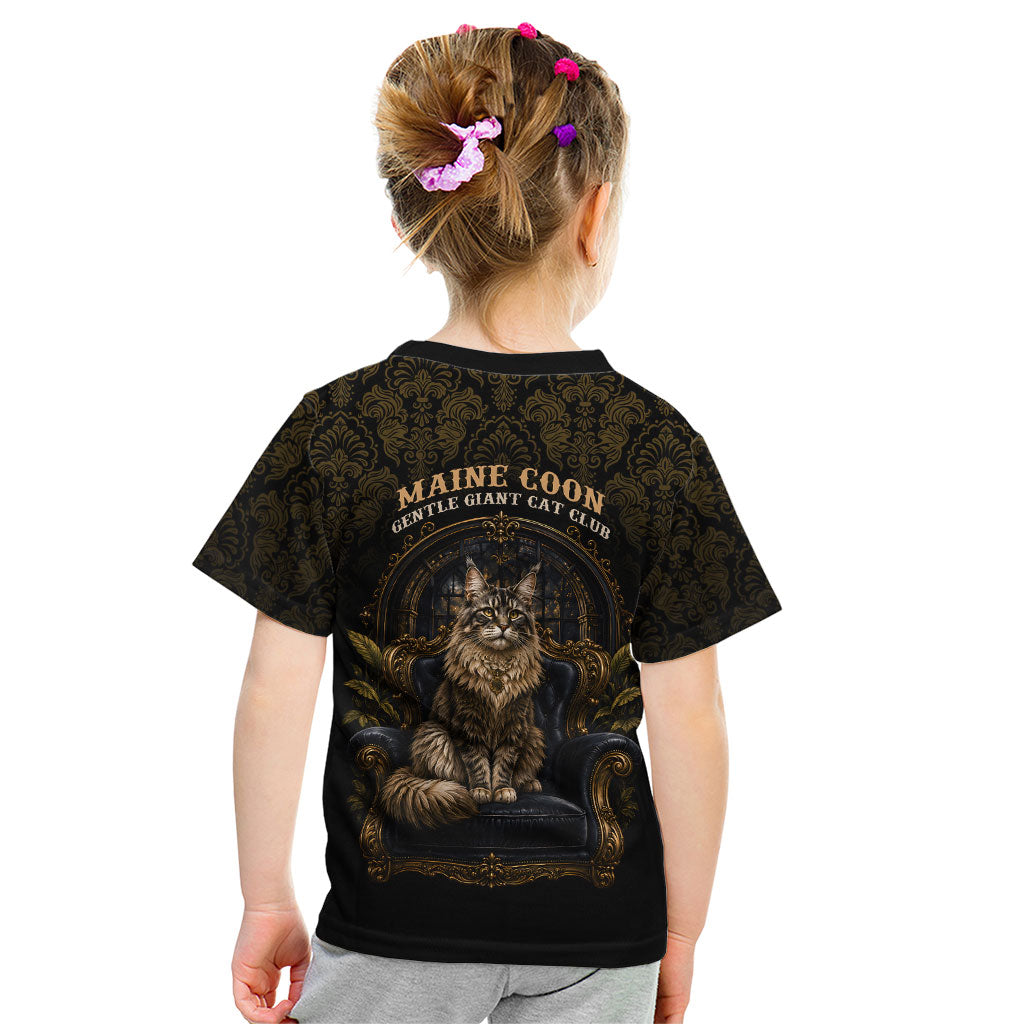 Maine Coon Cat Gentle Giant Kid T Shirt Royal Feline Vintage Gold Damask Portrait