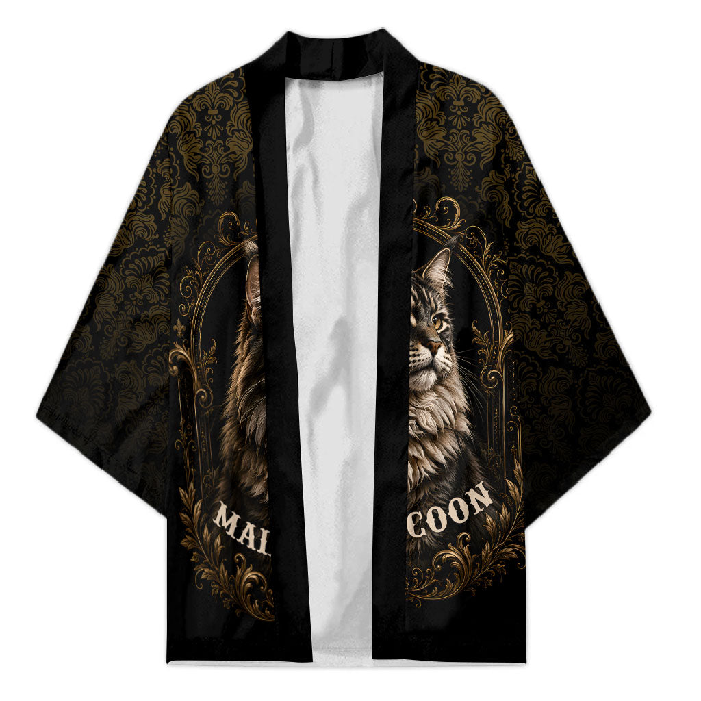 Maine Coon Cat Gentle Giant Kimono Royal Feline Vintage Gold Damask Portrait