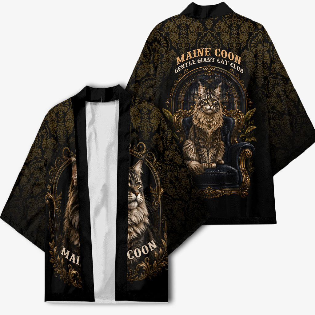 Maine Coon Cat Gentle Giant Kimono Royal Feline Vintage Gold Damask Portrait