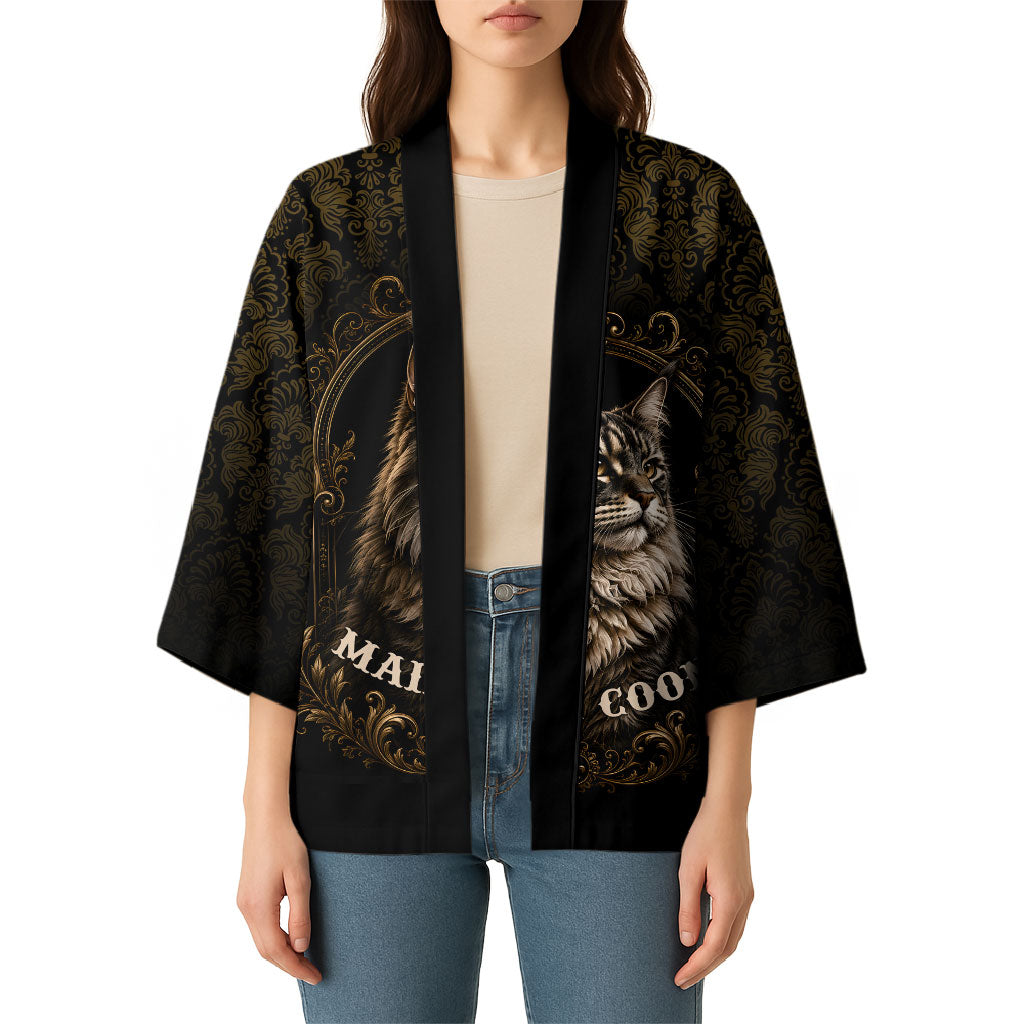 Maine Coon Cat Gentle Giant Kimono Royal Feline Vintage Gold Damask Portrait