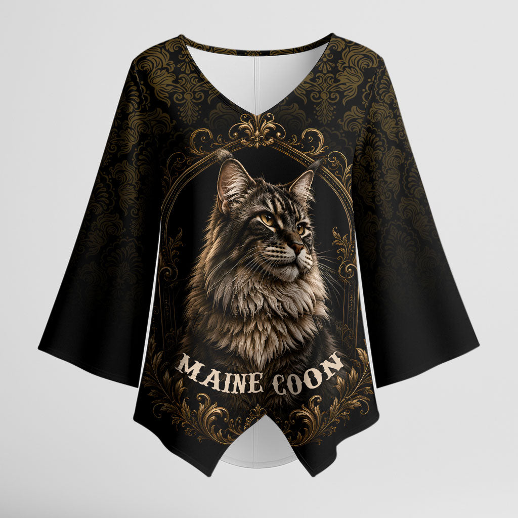 Maine Coon Cat Gentle Giant Kimono Sleeve Blouse Royal Feline Vintage Gold Damask Portrait