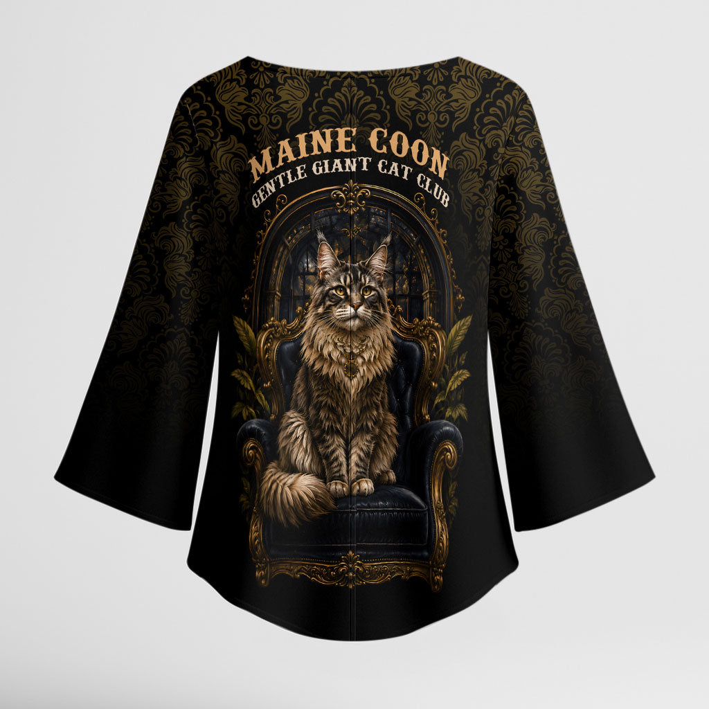 Maine Coon Cat Gentle Giant Kimono Sleeve Blouse Royal Feline Vintage Gold Damask Portrait