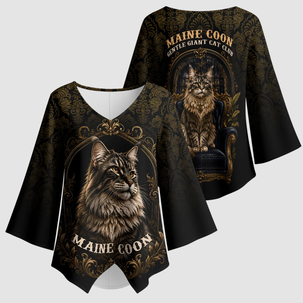 Maine Coon Cat Gentle Giant Kimono Sleeve Blouse Royal Feline Vintage Gold Damask Portrait