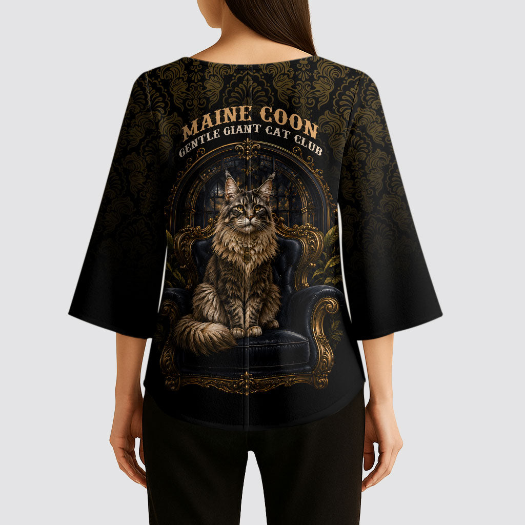 Maine Coon Cat Gentle Giant Kimono Sleeve Blouse Royal Feline Vintage Gold Damask Portrait
