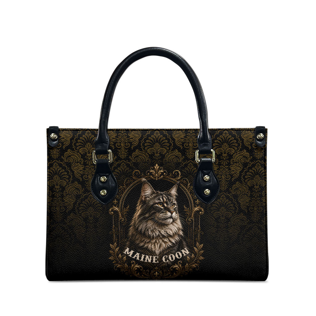 Maine Coon Cat Gentle Giant Leather Bag Royal Feline Vintage Gold Damask Portrait