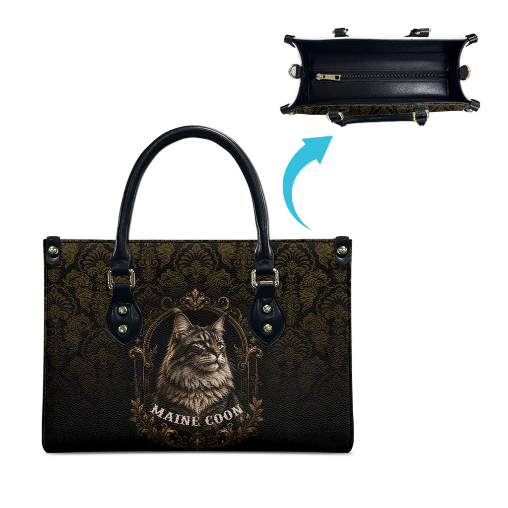 Maine Coon Cat Gentle Giant Leather Bag Royal Feline Vintage Gold Damask Portrait