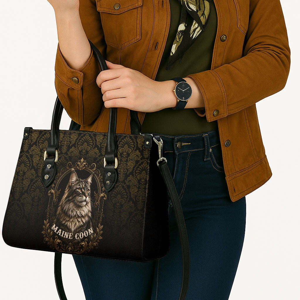 Maine Coon Cat Gentle Giant Leather Bag Royal Feline Vintage Gold Damask Portrait