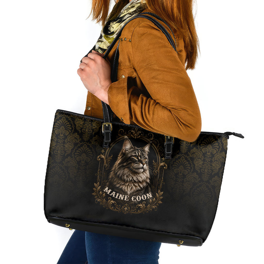 Maine Coon Cat Gentle Giant Leather Tote Bag Royal Feline Vintage Gold Damask Portrait
