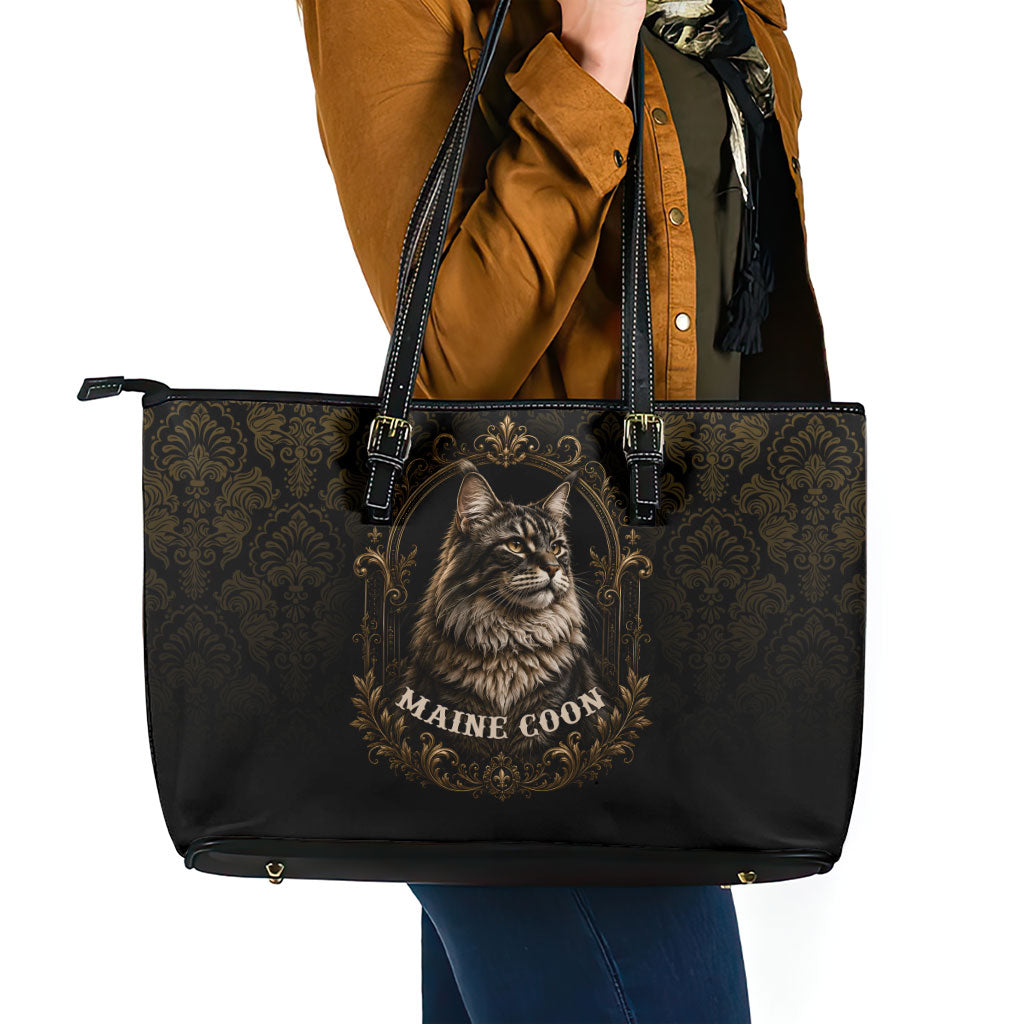 Maine Coon Cat Gentle Giant Leather Tote Bag Royal Feline Vintage Gold Damask Portrait