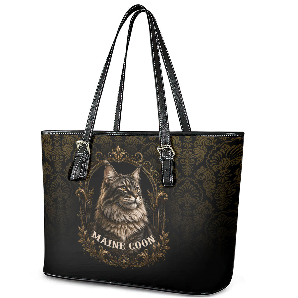 Maine Coon Cat Gentle Giant Leather Tote Bag Royal Feline Vintage Gold Damask Portrait