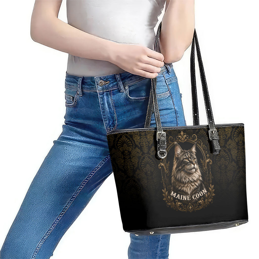 Maine Coon Cat Gentle Giant Leather Tote Bag Royal Feline Vintage Gold Damask Portrait