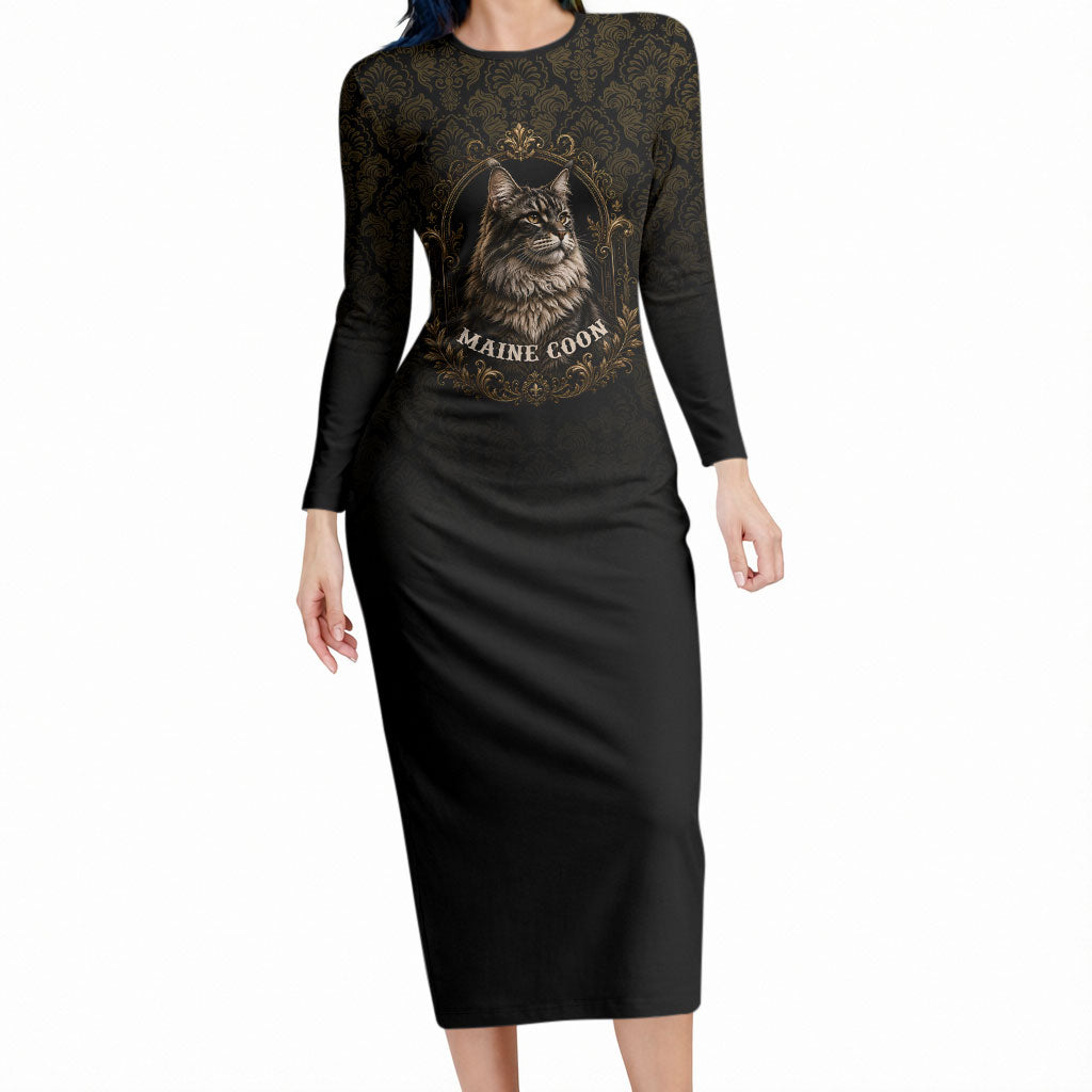 Maine Coon Cat Gentle Giant Long Sleeve Bodycon Dress Royal Feline Vintage Gold Damask Portrait