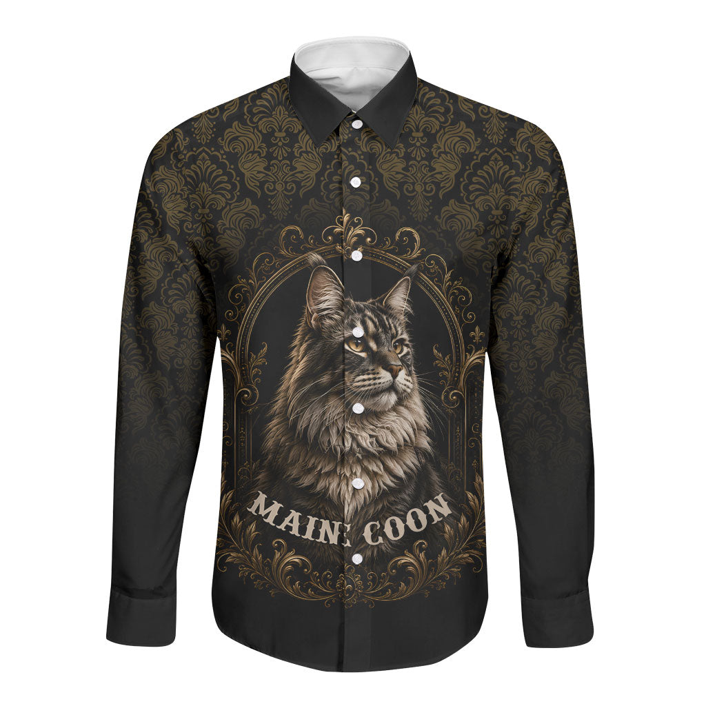 Maine Coon Cat Gentle Giant Long Sleeve Button Shirt Royal Feline Vintage Gold Damask Portrait