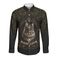 Maine Coon Cat Gentle Giant Long Sleeve Button Shirt Royal Feline Vintage Gold Damask Portrait