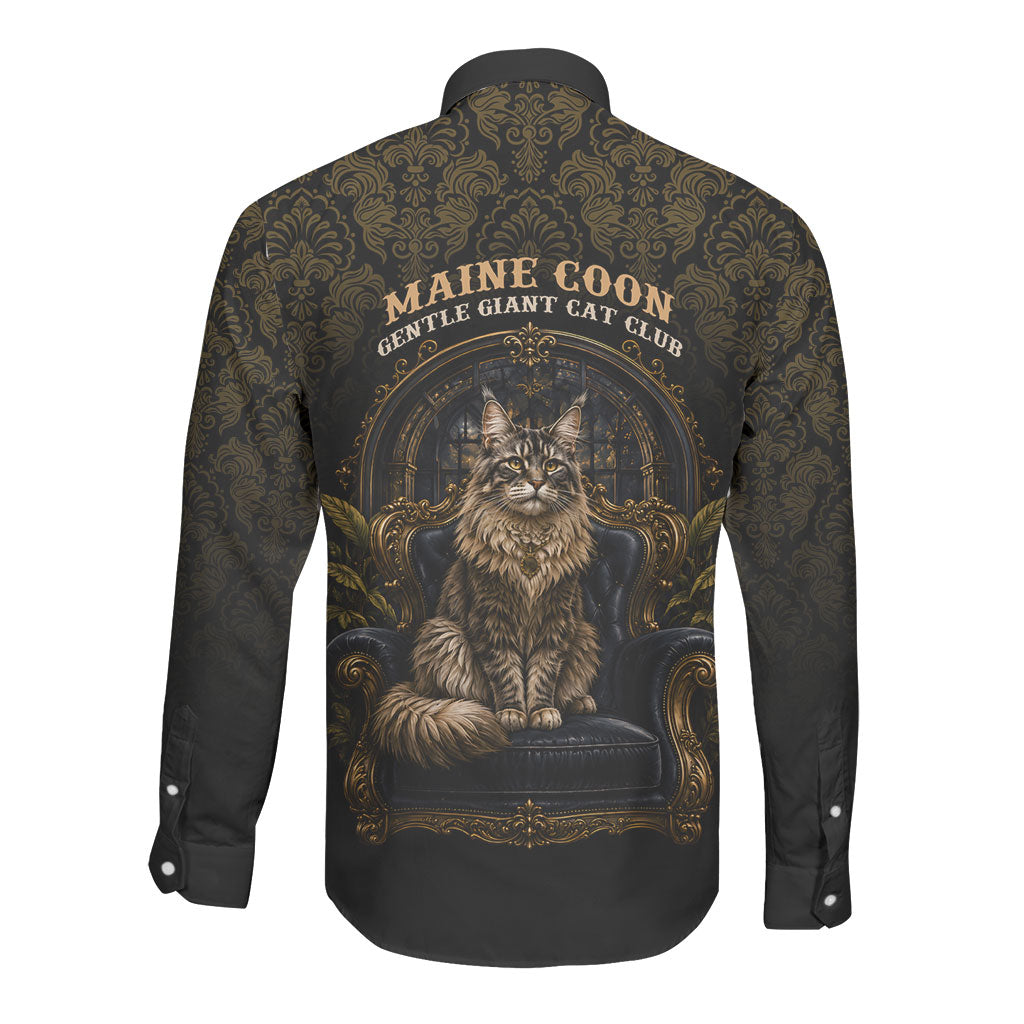 Maine Coon Cat Gentle Giant Long Sleeve Button Shirt Royal Feline Vintage Gold Damask Portrait