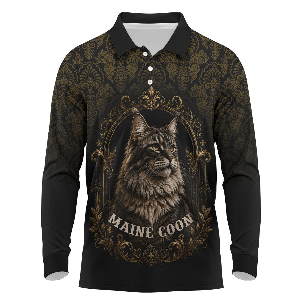 Maine Coon Cat Gentle Giant Long Sleeve Polo Shirt Royal Feline Vintage Gold Damask Portrait