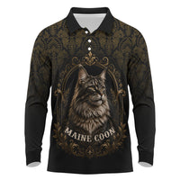Maine Coon Cat Gentle Giant Long Sleeve Polo Shirt Royal Feline Vintage Gold Damask Portrait