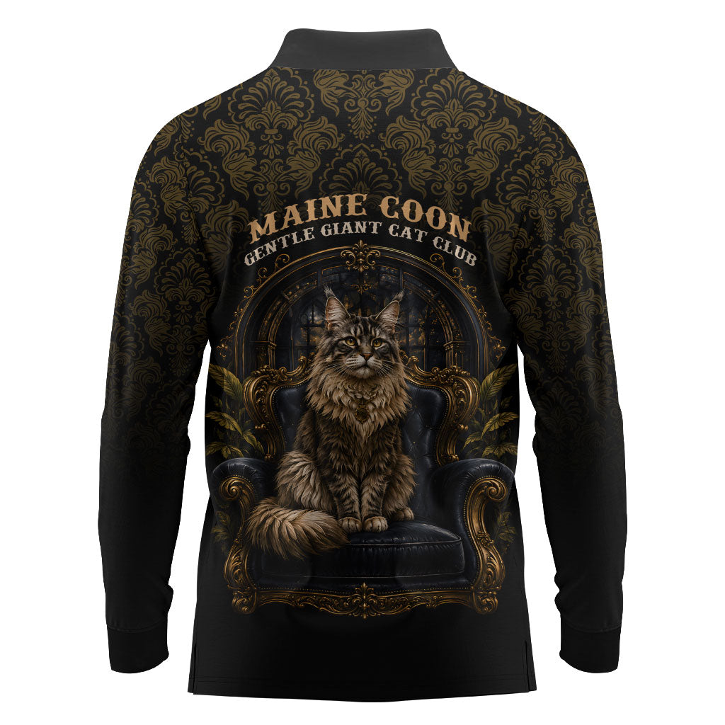 Maine Coon Cat Gentle Giant Long Sleeve Polo Shirt Royal Feline Vintage Gold Damask Portrait