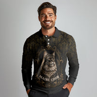 Maine Coon Cat Gentle Giant Long Sleeve Polo Shirt Royal Feline Vintage Gold Damask Portrait