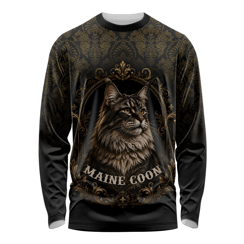 Maine Coon Cat Gentle Giant Long Sleeve Shirt Royal Feline Vintage Gold Damask Portrait