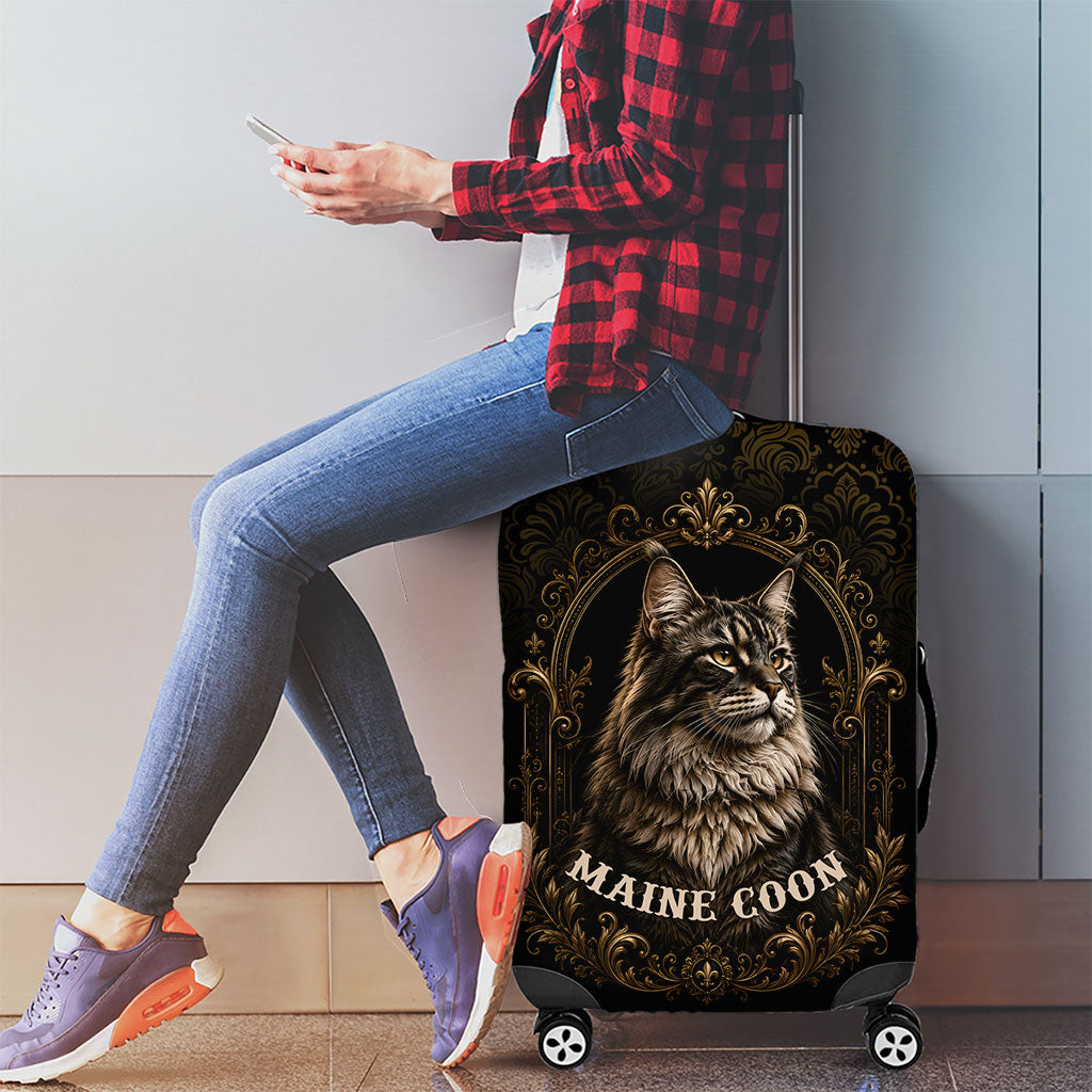 Maine Coon Cat Gentle Giant Luggage Cover Royal Feline Vintage Gold Damask Portrait