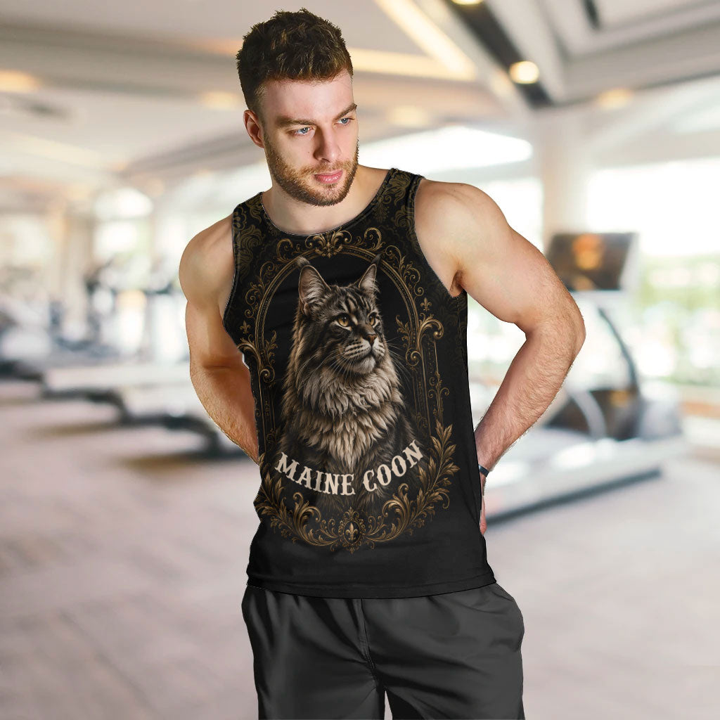 Maine Coon Cat Gentle Giant Men Tank Top Royal Feline Vintage Gold Damask Portrait