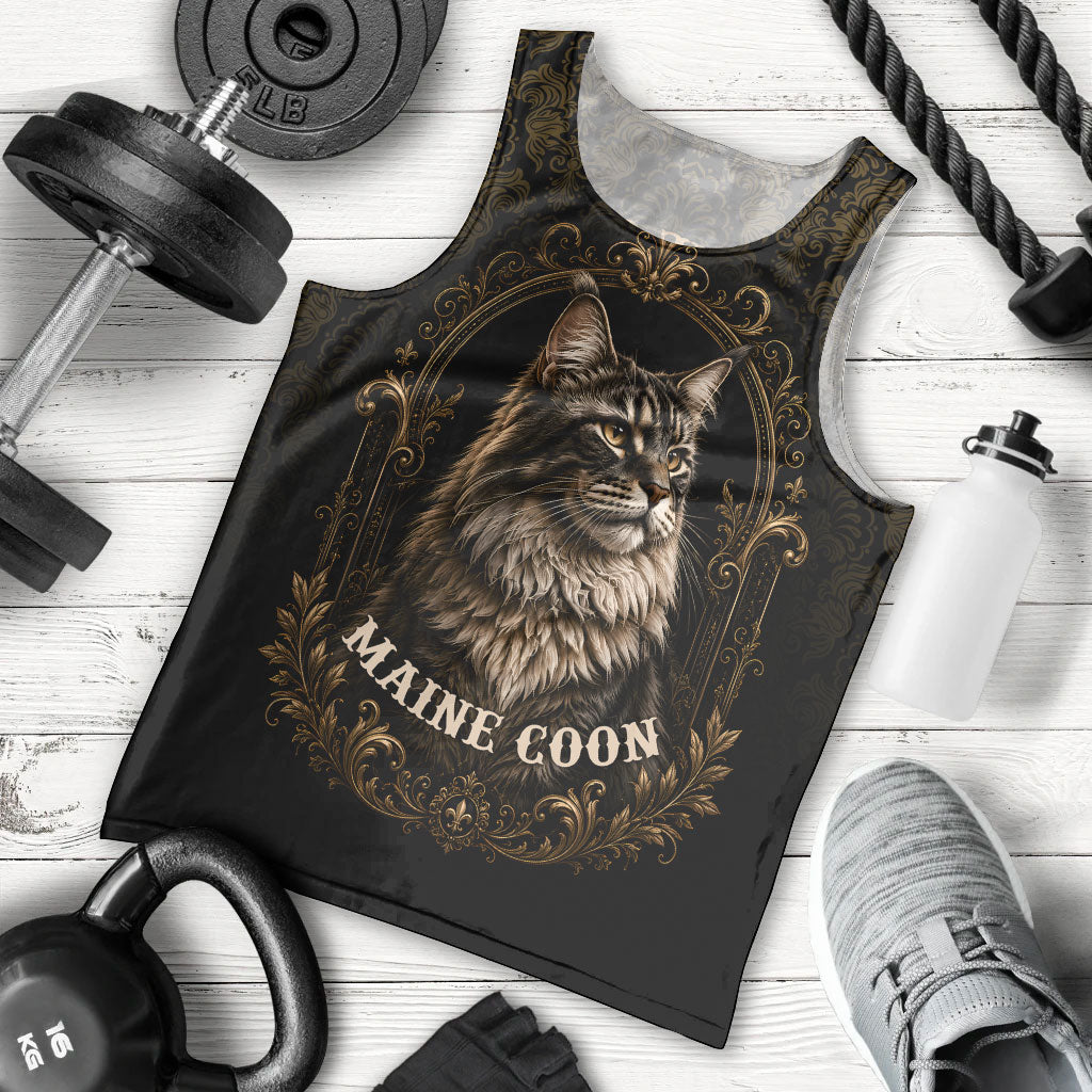 Maine Coon Cat Gentle Giant Men Tank Top Royal Feline Vintage Gold Damask Portrait