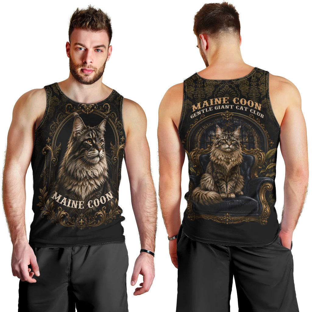 Maine Coon Cat Gentle Giant Men Tank Top Royal Feline Vintage Gold Damask Portrait
