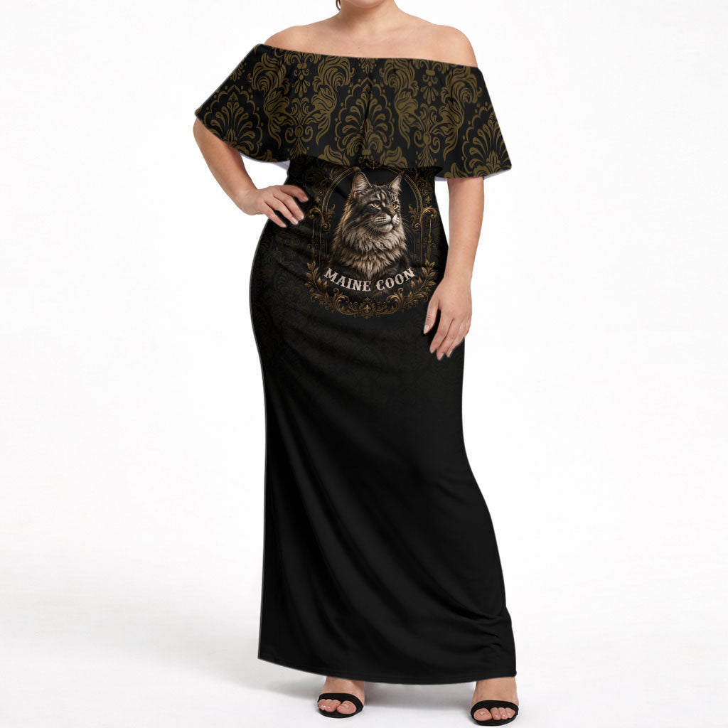 Maine Coon Cat Gentle Giant Off Shoulder Maxi Dress Royal Feline Vintage Gold Damask Portrait