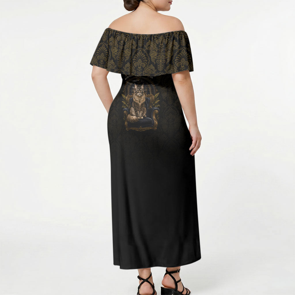 Maine Coon Cat Gentle Giant Off Shoulder Maxi Dress Royal Feline Vintage Gold Damask Portrait