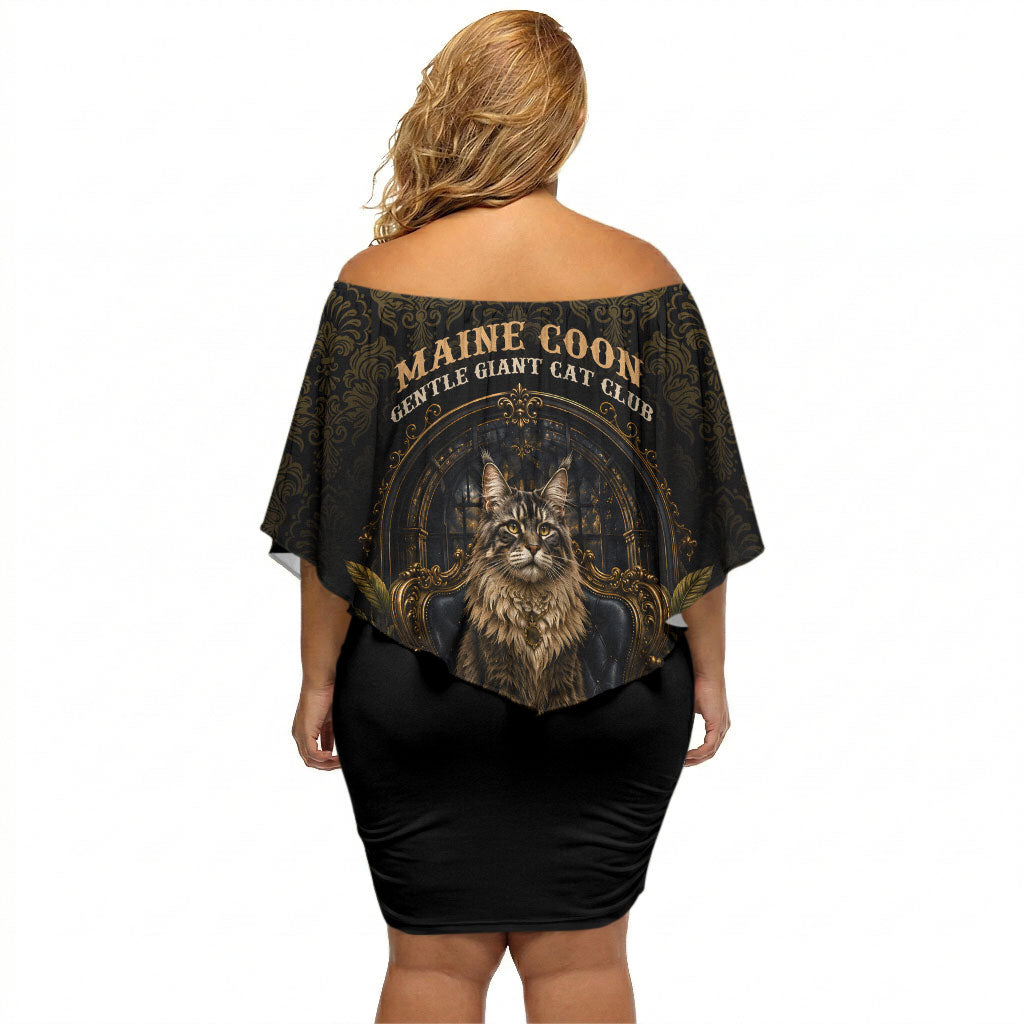 Maine Coon Cat Gentle Giant Off Shoulder Short Dress Royal Feline Vintage Gold Damask Portrait
