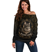Maine Coon Cat Gentle Giant Off Shoulder Sweater Royal Feline Vintage Gold Damask Portrait