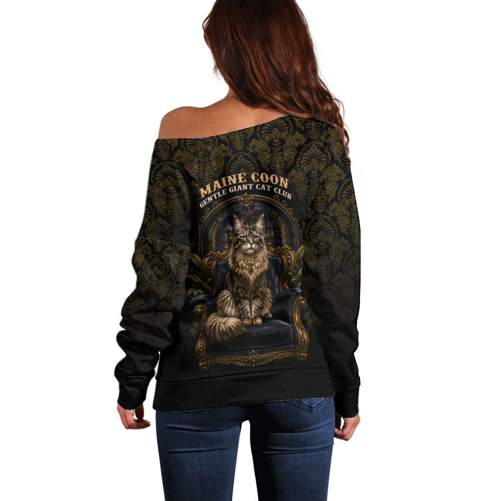 Maine Coon Cat Gentle Giant Off Shoulder Sweater Royal Feline Vintage Gold Damask Portrait