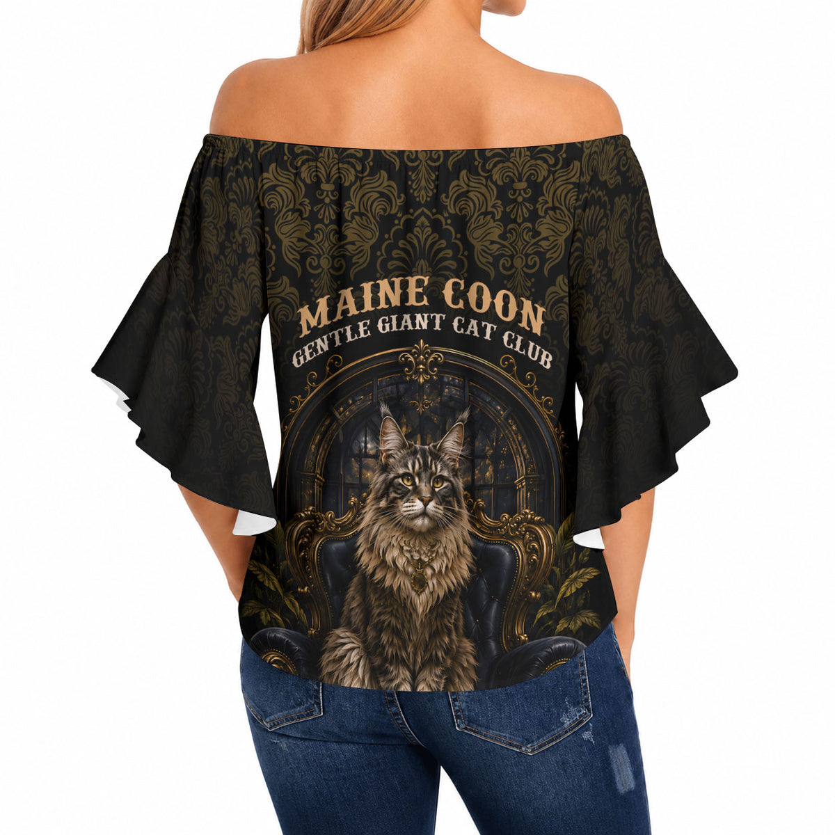Maine Coon Cat Gentle Giant Off Shoulder Wrap Waist Top Royal Feline Vintage Gold Damask Portrait