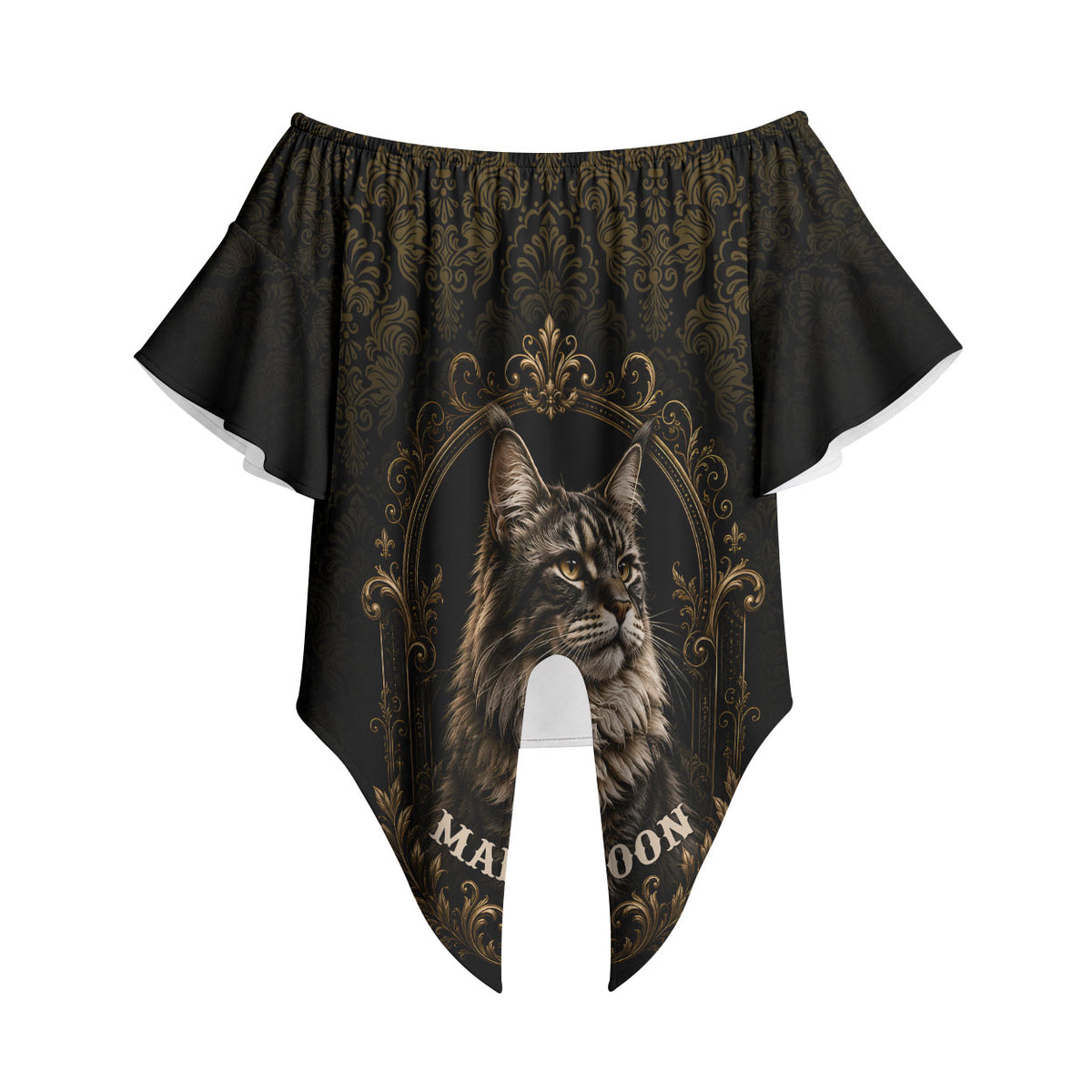 Maine Coon Cat Gentle Giant Off Shoulder Wrap Waist Top Royal Feline Vintage Gold Damask Portrait