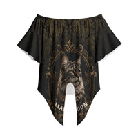 Maine Coon Cat Gentle Giant Off Shoulder Wrap Waist Top Royal Feline Vintage Gold Damask Portrait