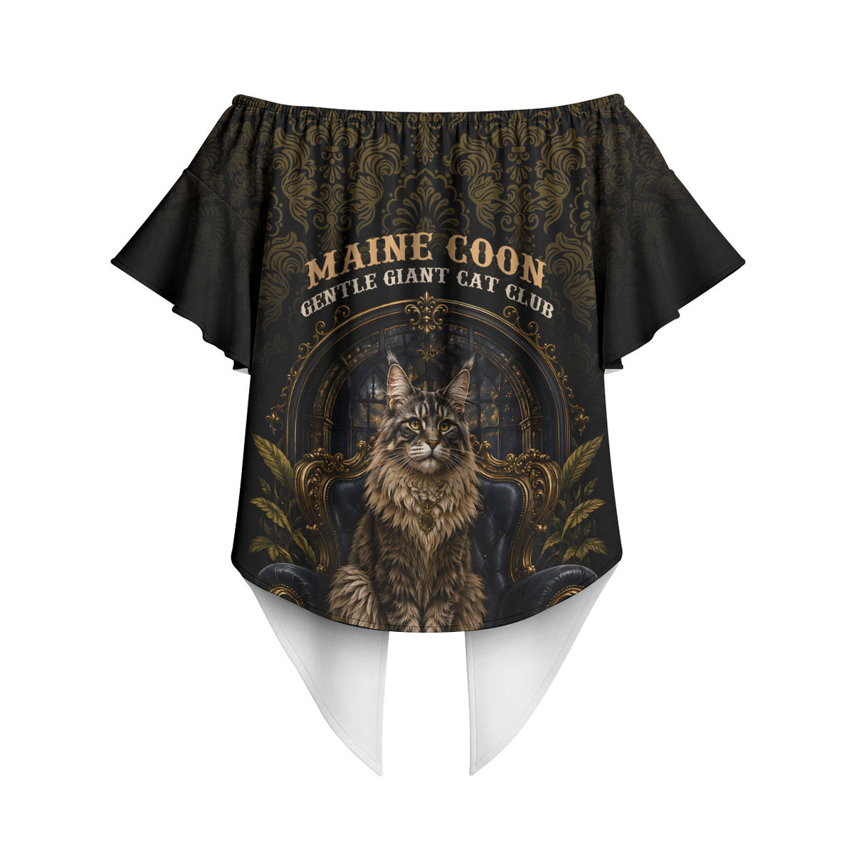 Maine Coon Cat Gentle Giant Off Shoulder Wrap Waist Top Royal Feline Vintage Gold Damask Portrait